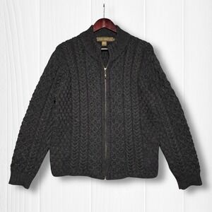 Inis Crafts Irish Merino Wool Cable Knit Full Zip Cardigan Sweater Women L Gray